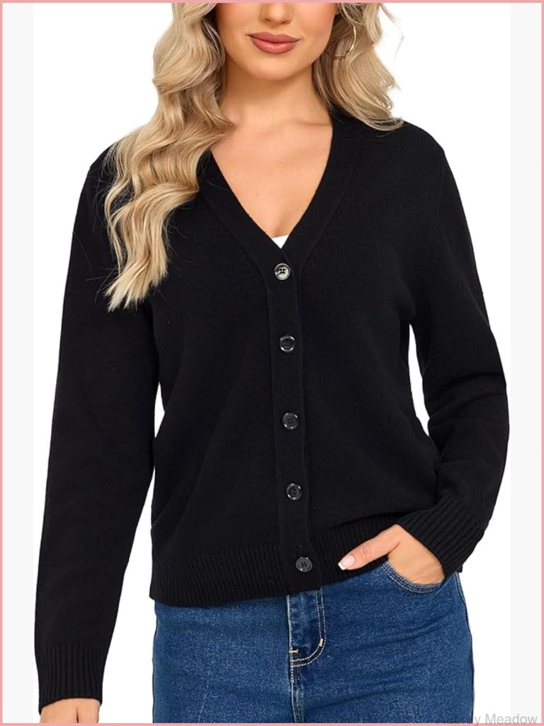 100% Merino Wool V-Neck Cardigan Sweater Long Sleeve Open Front